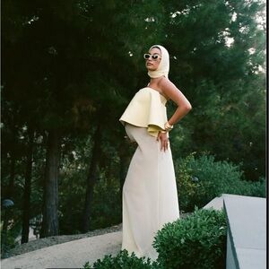 Meshki “Sophia” satin strapless maxi dress in Peach